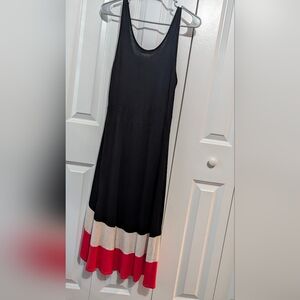 Black, Cream and Red Midi Dress Shorter In Front Hem
